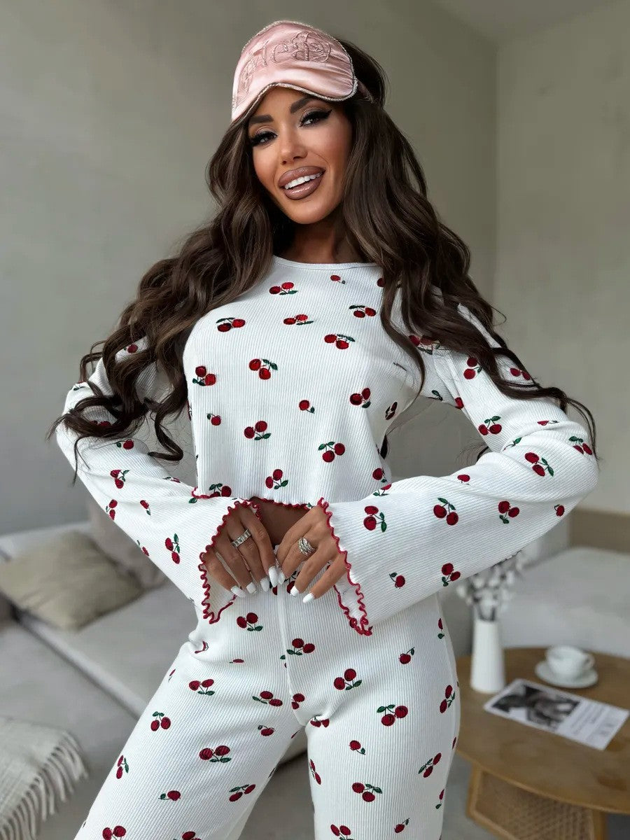 Lace Trim Women Pajama Set Short Sleeve Front Button Top & Full-Length Pants Cherry Print 2 Pieces Sleepwear Nightwear Homewear