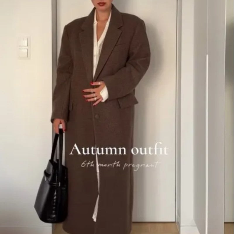 Women Shoulder Pad Wool Long Coats Fashion Lapel Single-breasted Long Sleeve Coat Chic 2025 Autumn Lady Commute Street Outerwear