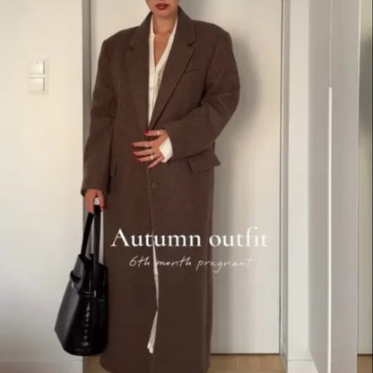 Women Shoulder Pad Wool Long Coats Fashion Lapel Single-breasted Long Sleeve Coat Chic 2025 Autumn Lady Commute Street Outerwear