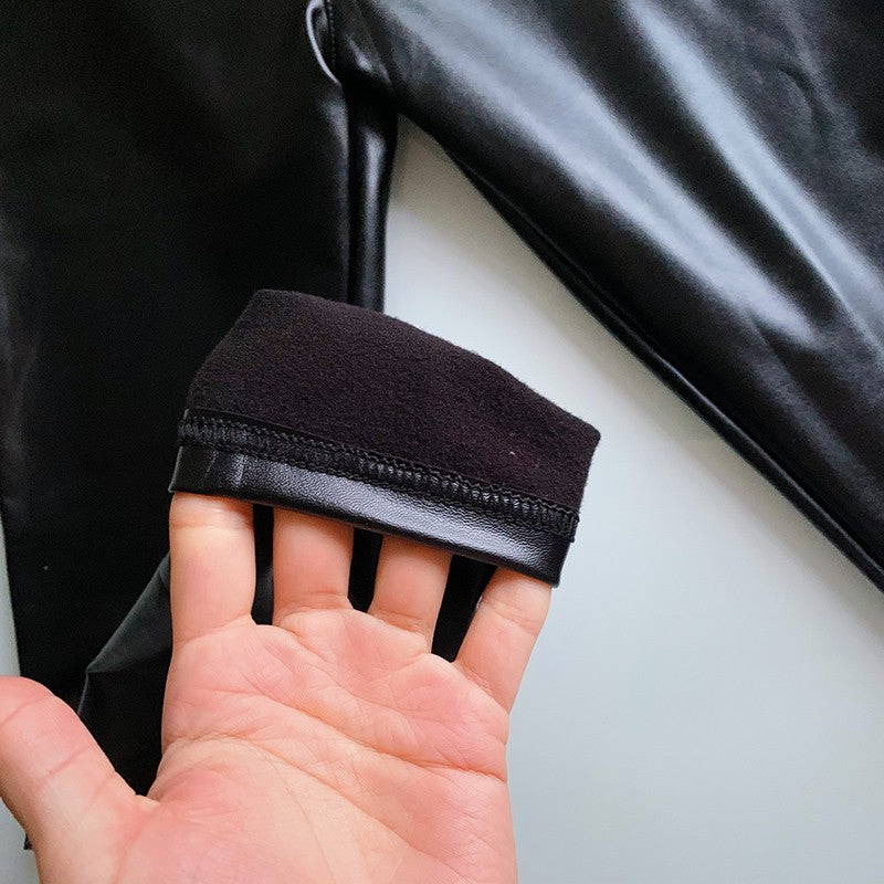 BIVIGAOS Fashion Women PU Leather Pants Elastic High Waist Winter Leggings Slim Velvet Leather Leggings Skinny Fleece Trousers