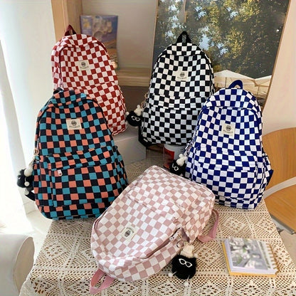 Mochila de lazer coreana com design xadrez de cores contrastantes, mochila diária do mesmo estilo, mochila casual simples para ensino médio e fundamental