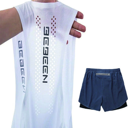 Men's running vest and shorts set with mesh design: breathable, comfortable, quick-drying, a two-piece suit for sports and fitne
