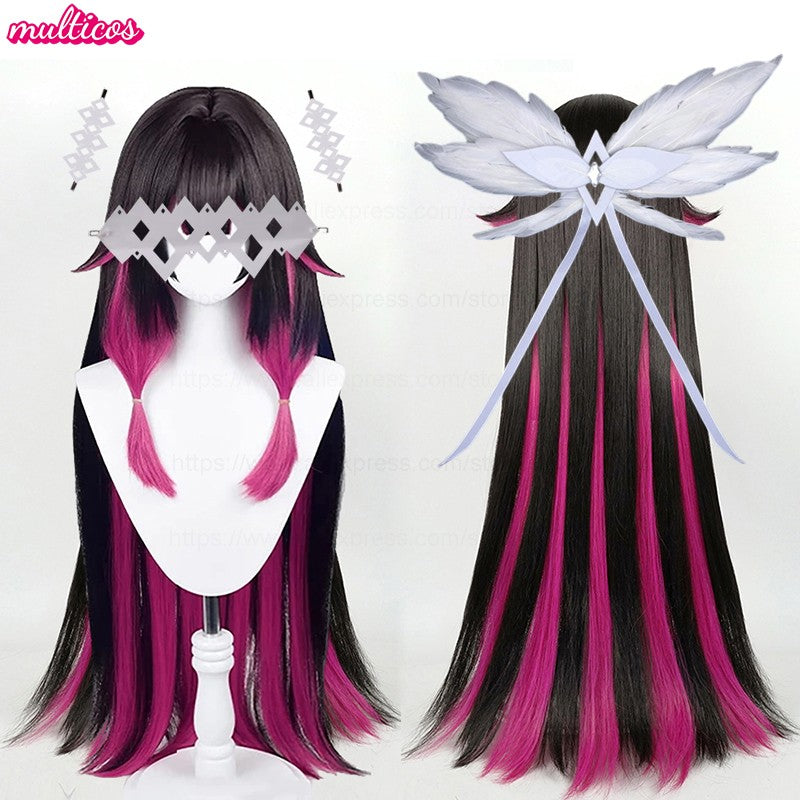 Peruca de Cosplay Columbina de Alta Qualidade 105cm Longa Lisa Preta Rosa Cabelo Sintético Resistente ao Calor Anime Fatui Cosplay Perucas + Touca de Peruca