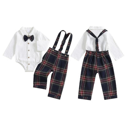 Baby Boy Gentleman Outfits Long Sleeve Lapel Romper + Plaid Suspender Pants + Bow Tie 3Pcs Sets Newborn Toddler Christmas Formal