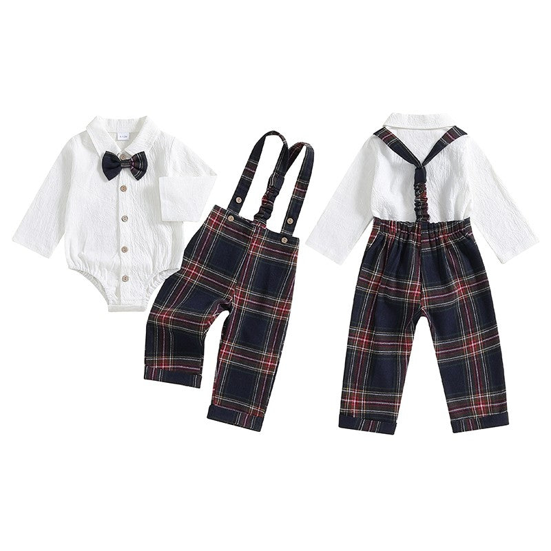 Baby Boy Gentleman Outfits Long Sleeve Lapel Romper + Plaid Suspender Pants + Bow Tie 3Pcs Sets Newborn Toddler Christmas Formal