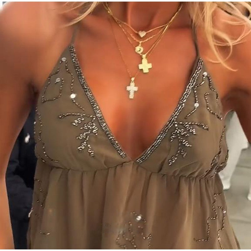 Sequins Bead Snowflake Midi Dress Women Fashion Sleeveless Backless Ruffle Pleat