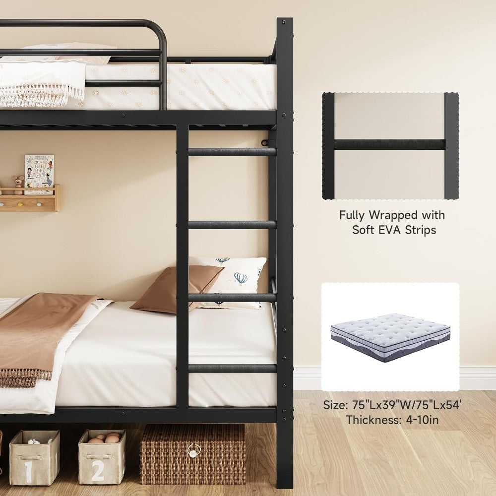 Twin Over Twin Metal Bunk Beds with Power Outlets & Desk, Heavy-Duty Frame with Safety Guardrail & Ladders, U