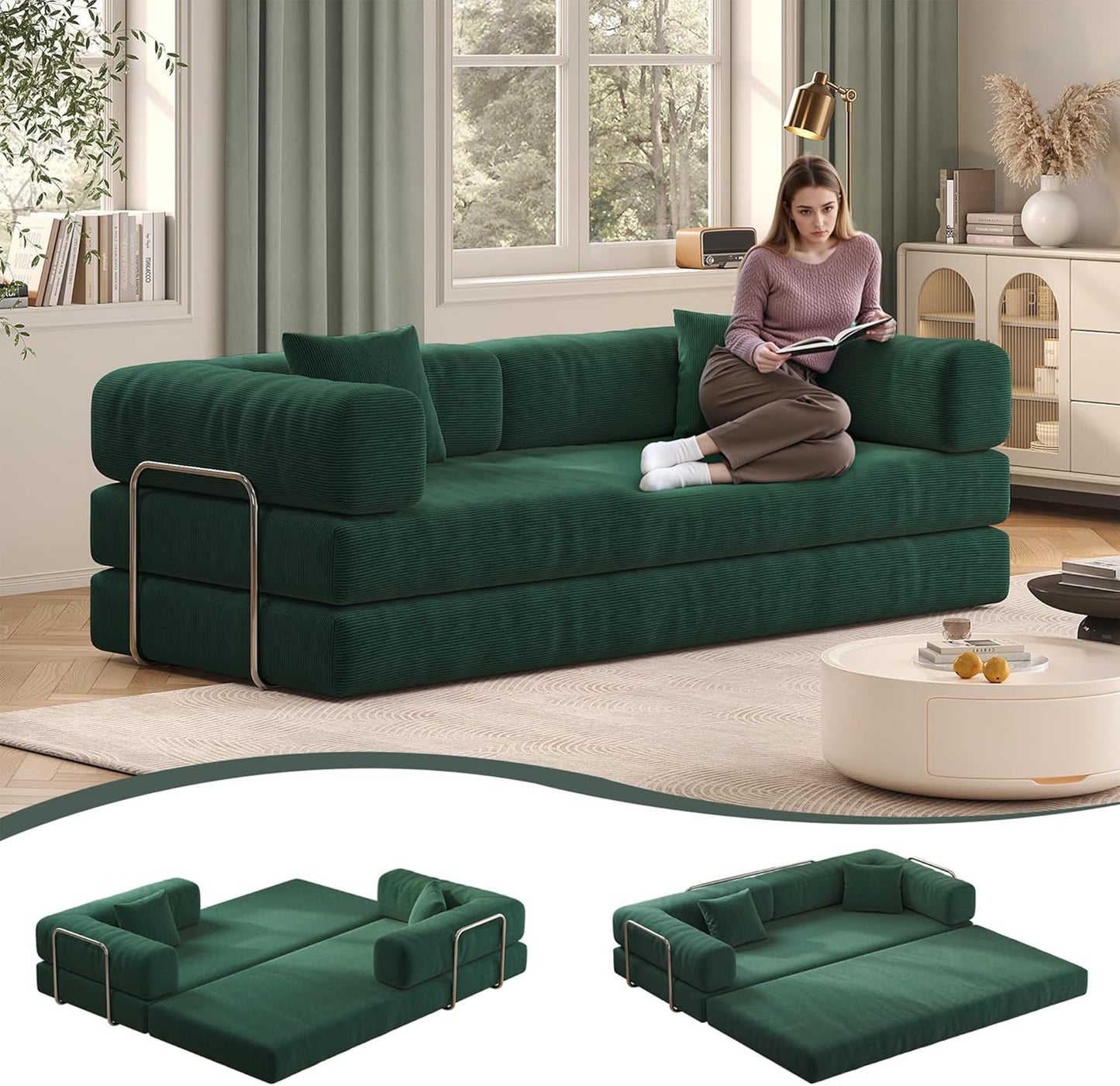 79" Convertible Sofa Bed with Pillows, Corduroy Folding Sleeper Sofa with Fixed-Shape Frame, Boneless Couch for Living Room