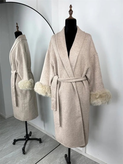 Casaco Curto de Lã Liso com Amarração para Mulheres Elegante Solto Lapela Peluda Cinto Manga Longa Jaqueta Outono 2025 Feminino Casual