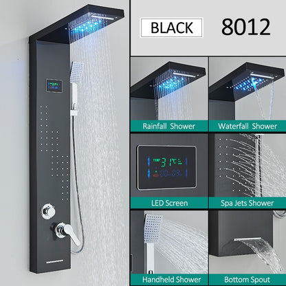 Sistema de Torre de Painel de Chuveiro de LED Coluna de Chuveiro de Cascata de Chuva com Tela LCD de Hidroeletricidade com Torneira de Chuveiro de Spa de Corpo com Massagem