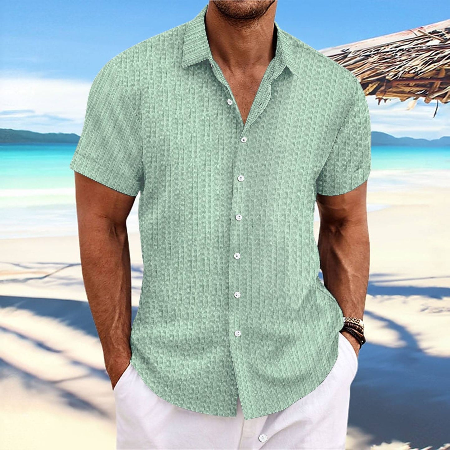 New Men's Cotton and Linen Striped Jacquard Casual Loose Short-sleeved Shirt