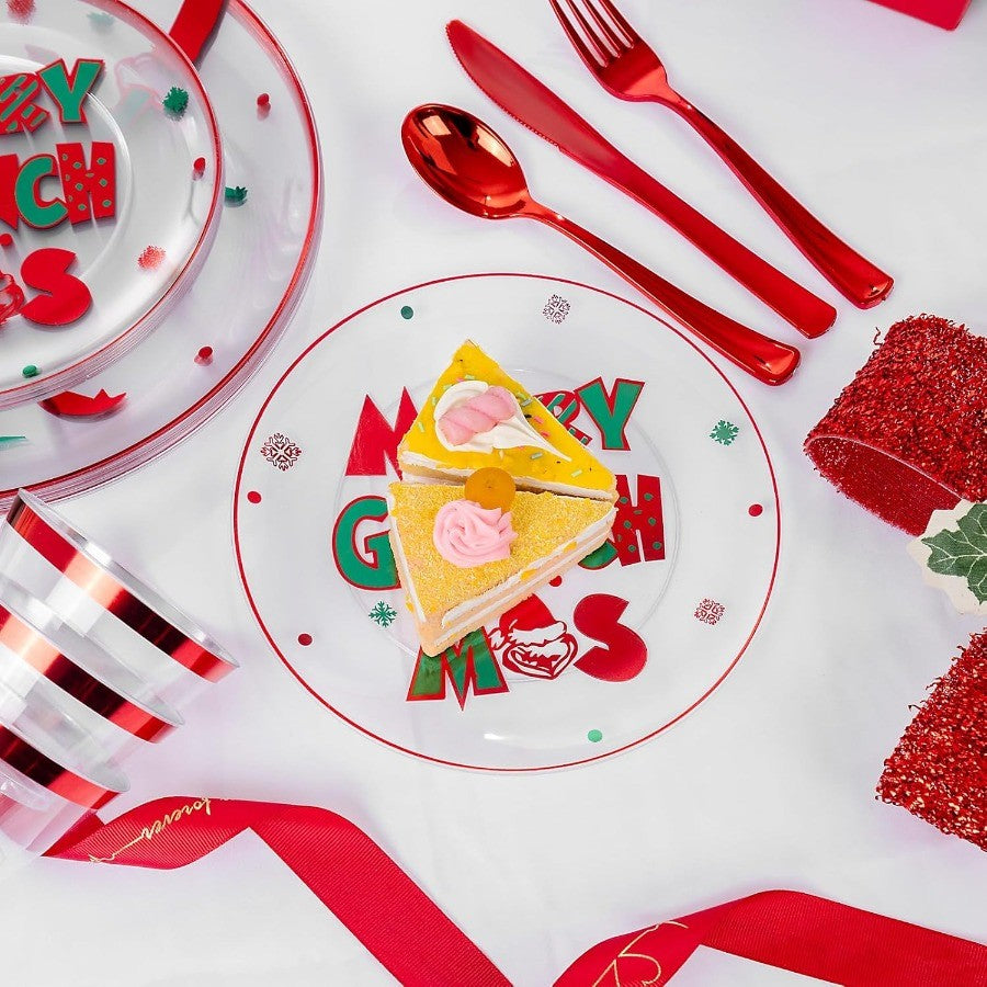 210 Peças Pratos Plásticos Transparentes Monstro Verde Conjunto Descartável de Louça de Natal Inclui 30 Pratos de Jantar, 30 Pratos de Sobremesa, 30 Garfos