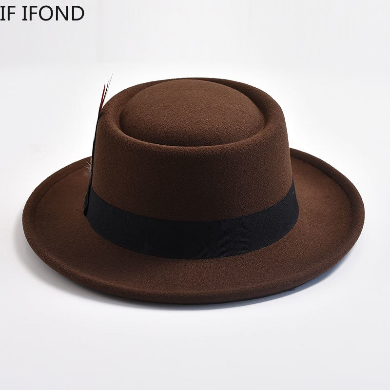 NEW Vintage Pork Pie Hat Mens Rolled Brim Felt Fedora Hat with Feather Gentleman Church Cap Trilby Jazz Hats