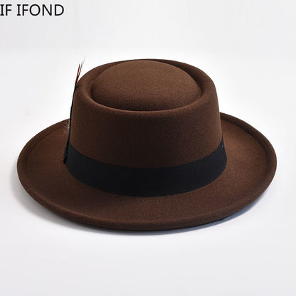 NEW Vintage Pork Pie Hat Mens Rolled Brim Felt Fedora Hat with Feather Gentleman Church Cap Trilby Jazz Hats