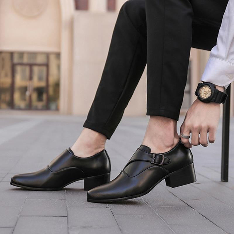 Genuine Leather Men Height Increasing Dress Shoes 6cm Fashion Business Brand Male Footwear Pure Black Monks