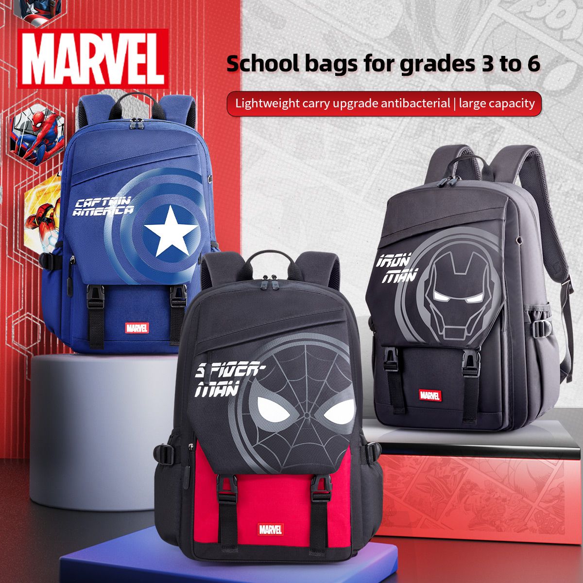 Disney MARVEL Homem-Aranha Mochila Escolar de Fibra de Poliéster Ultraleve Respirável Bolsa Infantil