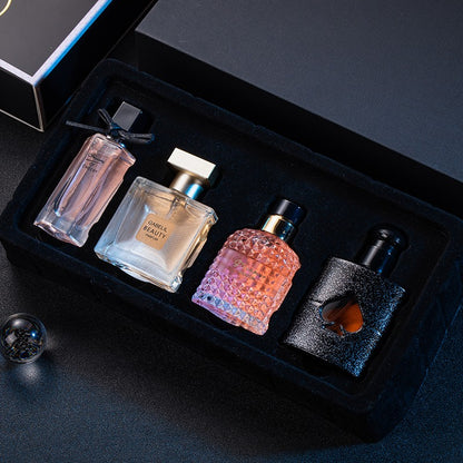 Conjunto de Caixa de Presente Quatro Peças Perfume Feminino Spray 105ml Aroma Floral Fragrância Duradoura Feromônio Eau De Parfum Colônia Masculina Balsâmica