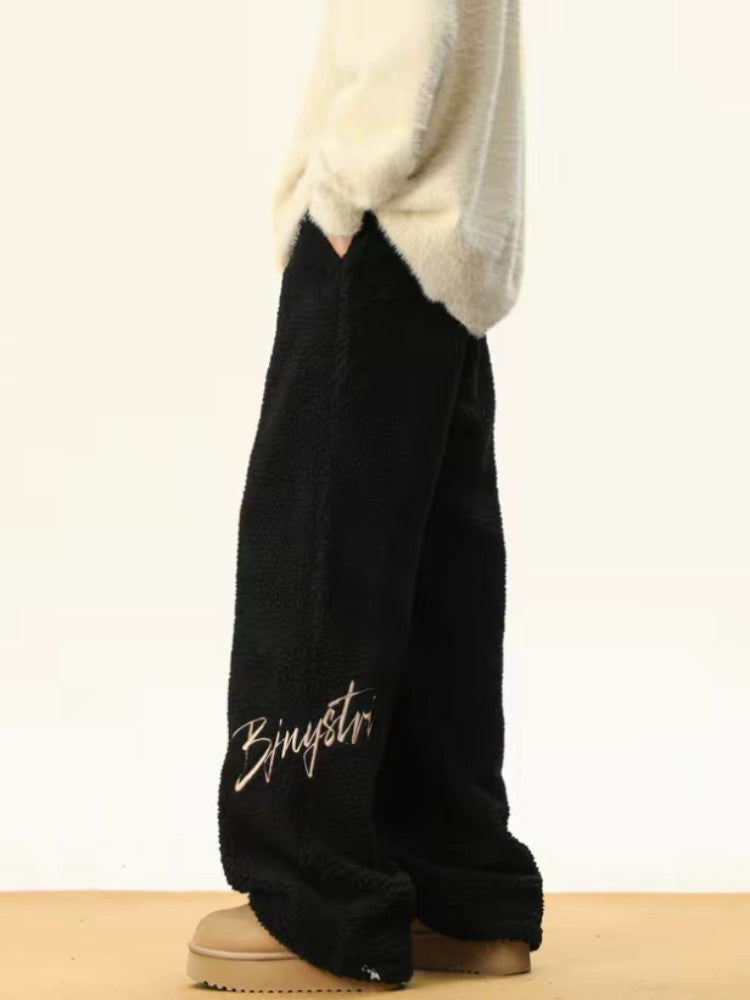 Women's Embroidered Flannel Sweatpants American Lamb Fleece Cotton Thickened Warm Couple Skiing Pants Autumn