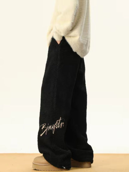 Women's Embroidered Flannel Sweatpants American Lamb Fleece Cotton Thickened Warm Couple Skiing Pants Autumn