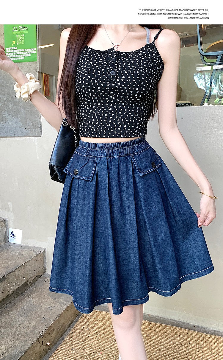 Casual Summer Plus Size Midi Denim Skirts Woman Preppy Loose A-line Ruffles Skirt With Shorts Elastic Waist Jeans Skirts Women