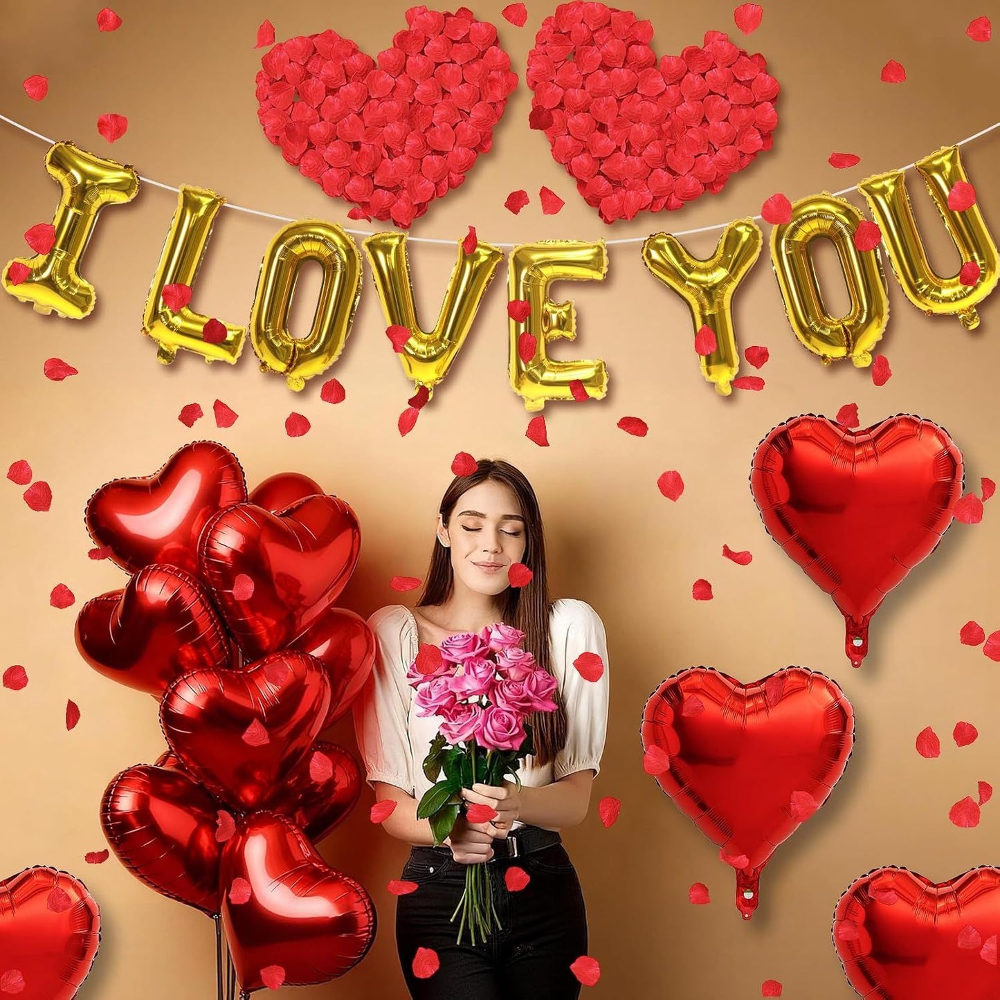 I Love You/Red Heart Love Foil Balloon 1000Pcs Rose Petals for Wedding Anniversary Valentine Day Romantic Special Night Party