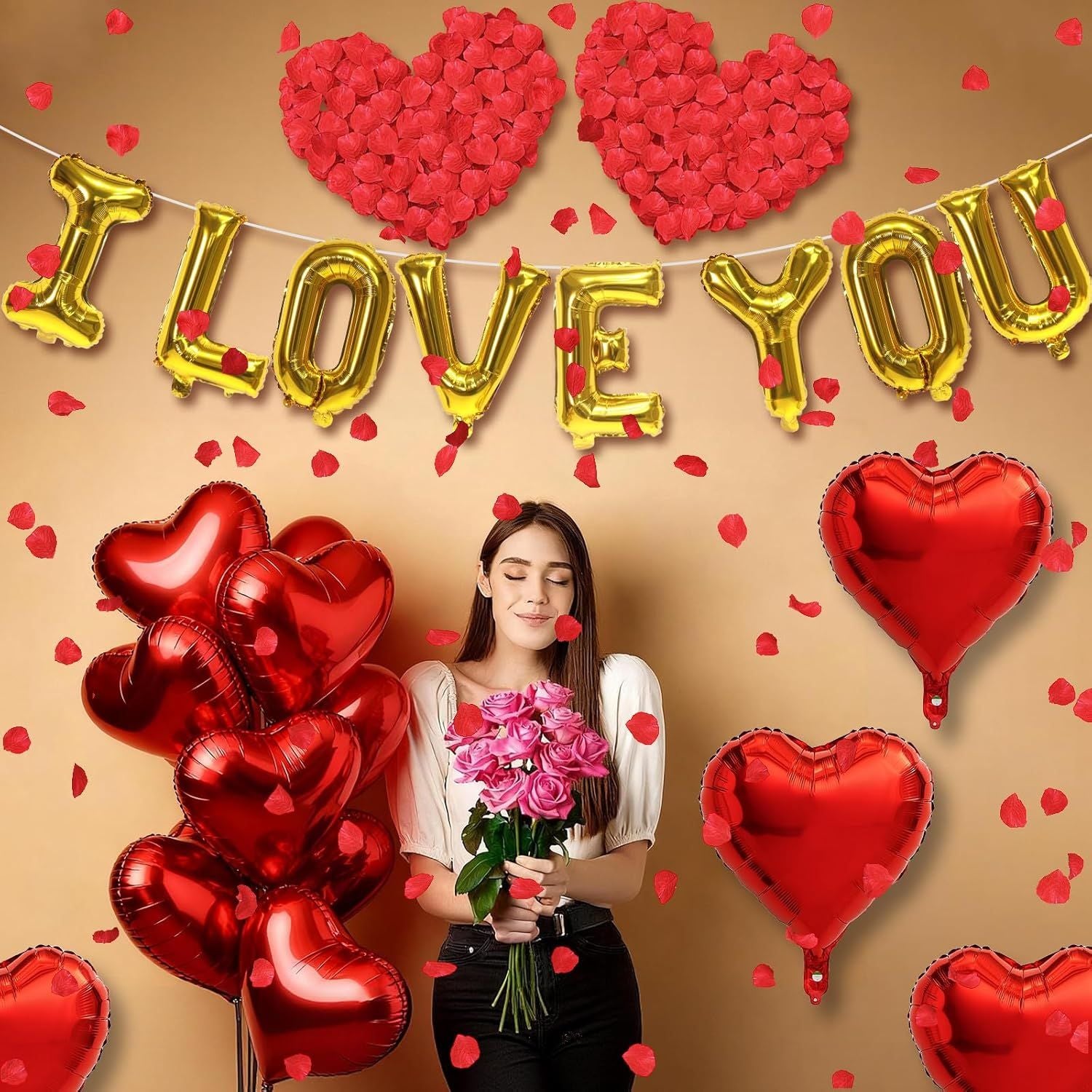 I Love You/Red Heart Love Foil Balloon 1000Pcs Rose Petals for Wedding Anniversary Valentine Day Romantic Special Night Party