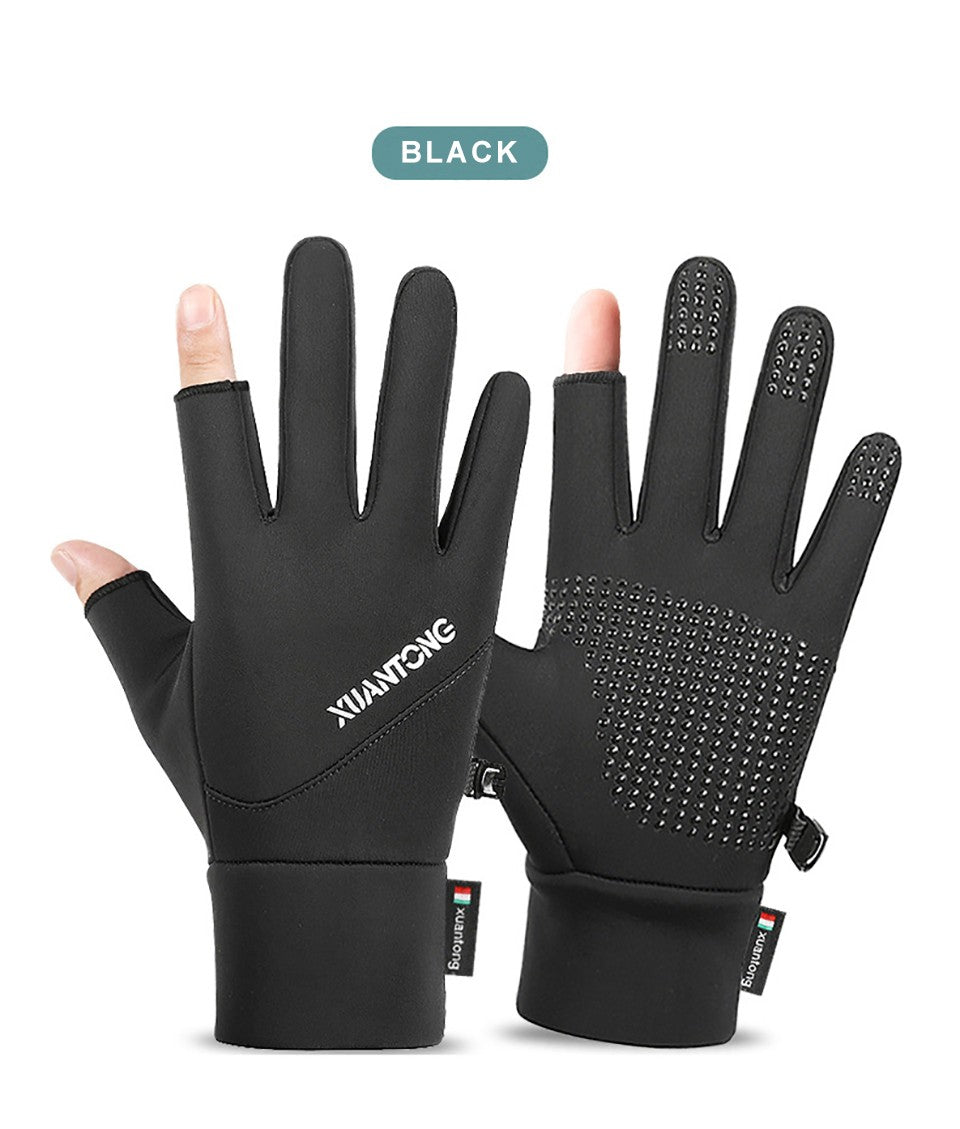 GOBYGO 1Par Luvas de Inverno com Forro de Lã para Aquecer, Luvas de Ciclismo Antiderrapantes de Silicone, Luvas de Pesca Touchscreen com Dois Dedos Expostos