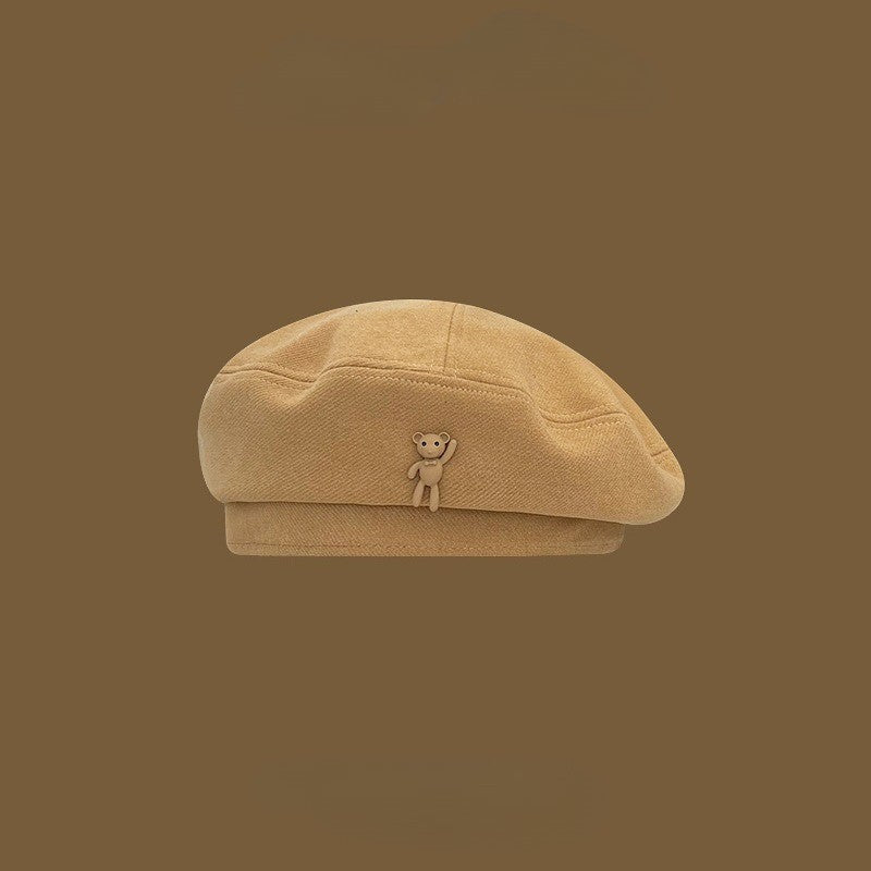 Female Autumn and Winter Temperament Retro Cartoon Teddy Bear Big Head Circumference Showing Face Small Fashion Woolen Beret