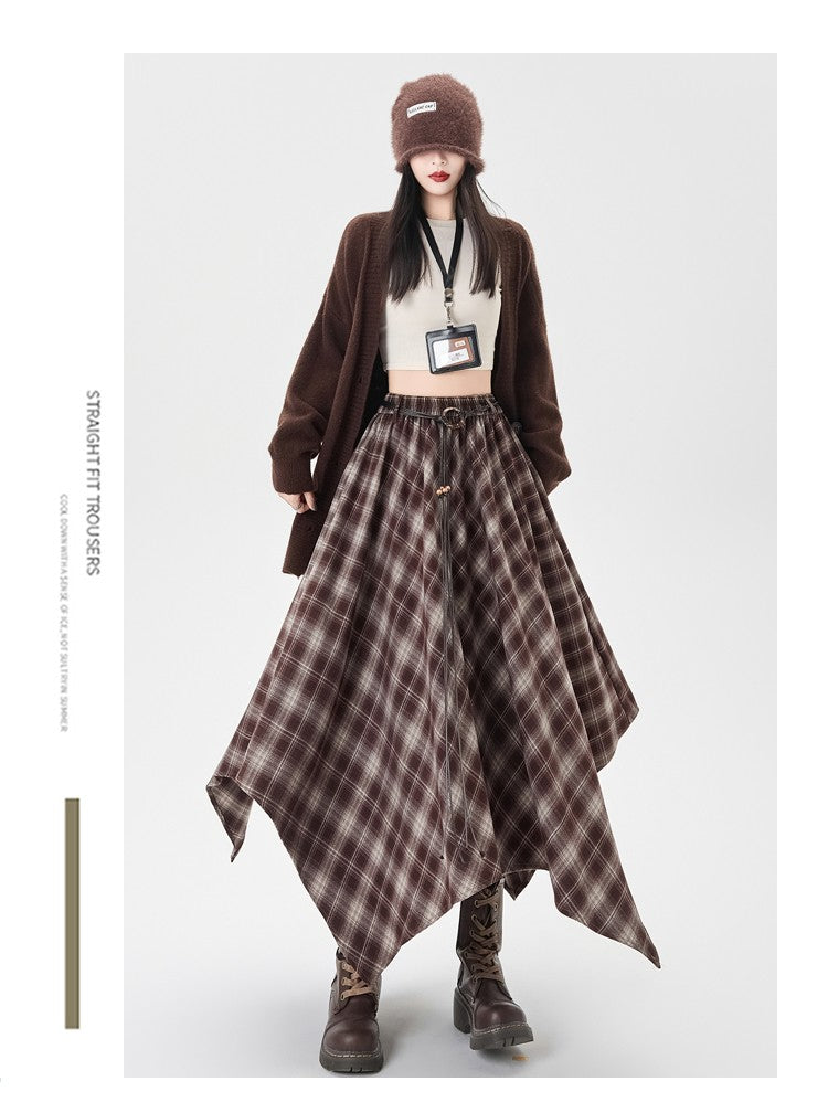 Women Skirt Plaid High Waisted Elastic A Line Mid Length Korean Style Fashion Retro Versatile Irregular Autumn Skirt