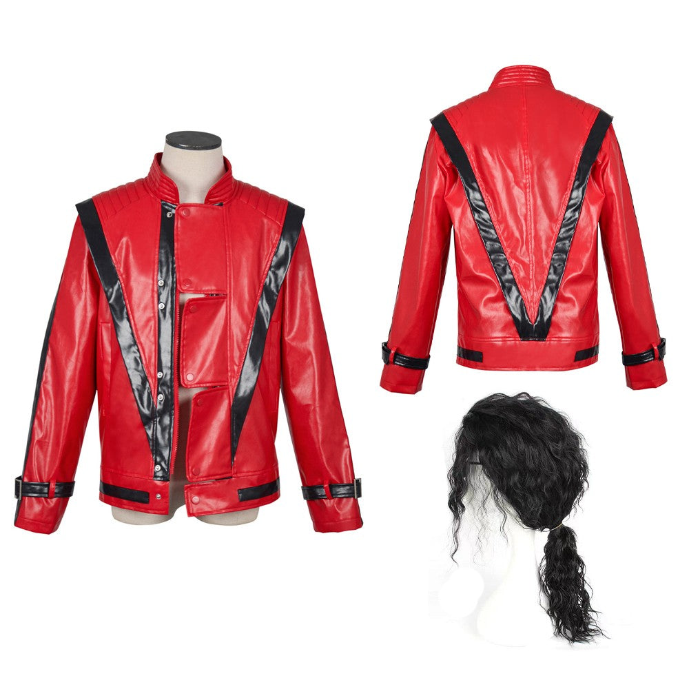 Michael Jackson Cosplay Costumes Wig Red Leather Jacket for Thriller Cosplay Halloween Adults