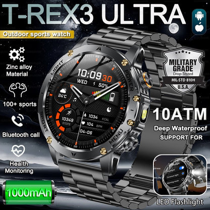 Smartwatch Militar Novo 2025 Bateria 1000mAh Monitoramento Fitness 10ATM À Prova D'Água Táticas Esportivas Lanterna Pulseira para Chamadas Masculino
