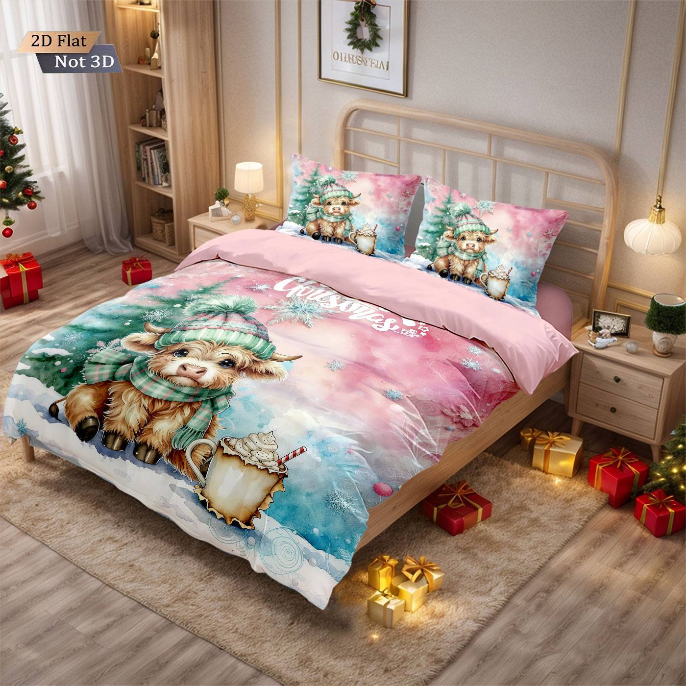 3pcs Christmas Pink Highland Cow Print Coreless Bedding Set Multi Sized Bedding Bedding Decoration Comfortable Machine Washable