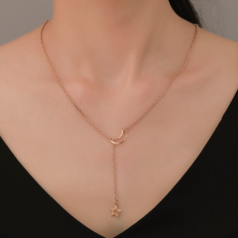 Novo Colar Gargantilha com Pingente de Lua e Estrela Simples, Corrente com Pingente de Liga Dourada Simples, Colares para Mulheres, Joias para Festa