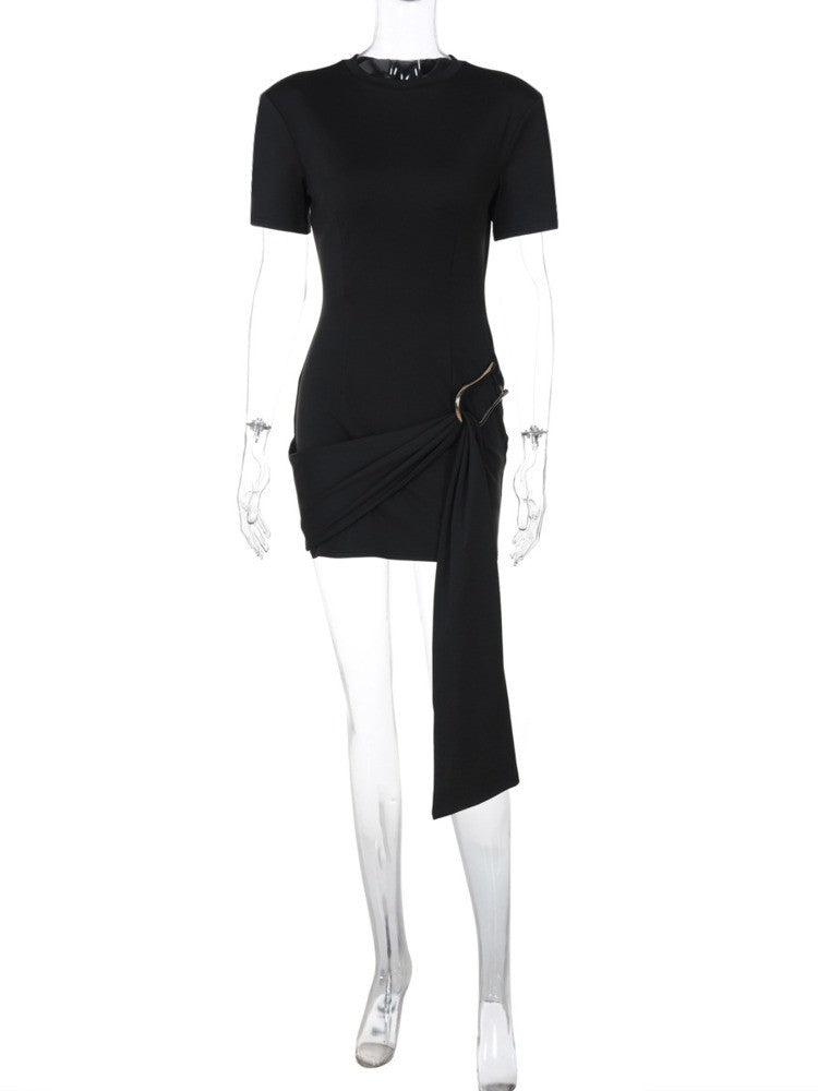 Mozision Short Sleeve Draped Sexy Mini Dress For Women Black Metal Buckle O Neck
