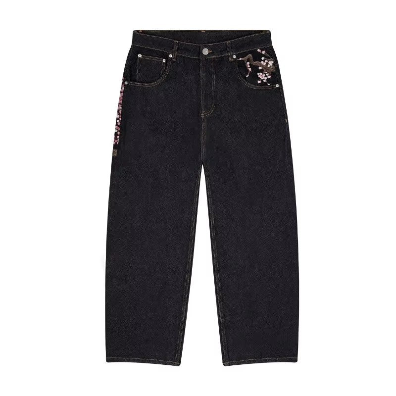 Y2K Harajuku jeans Goth vintage plum blossom embroidery pattern wide leg pants men women denim fabric American style street wear