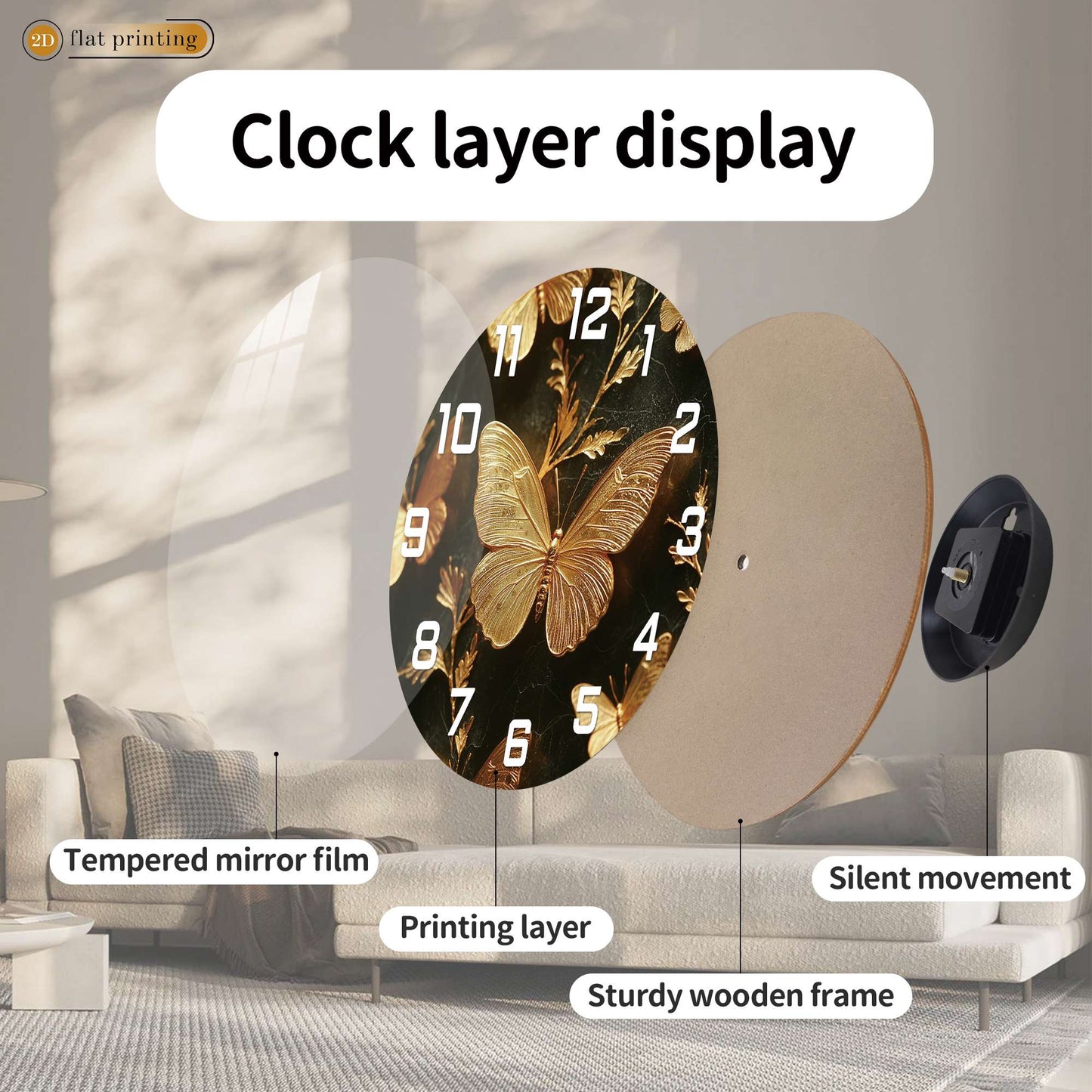 Golden Butterfly Elegance Wall Clock, Luxe Marble Background Decor, Glamorous Home or Office Timekeeper