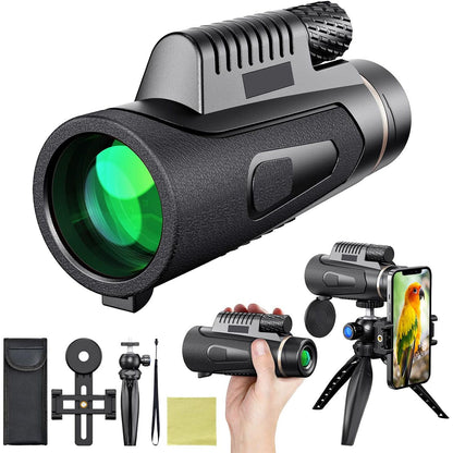 Telescópio monocular 10X, acessório de fixação e tripé para celular, grande ocular para viagem ao ar livre