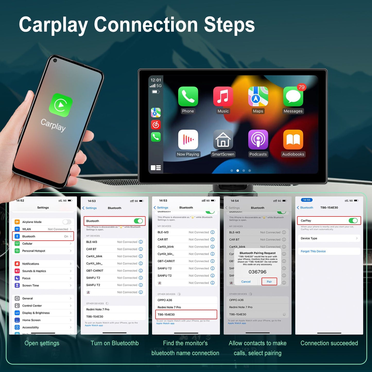 Player de Vídeo Multimídia de Rádio para Espelho de Carro Portátil de 9" Universal Sem Fio CarPlay Android Auto Tela Bluetooth AUX TF GPS DVR