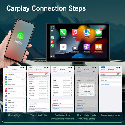 Player de Vídeo Multimídia de Rádio para Espelho de Carro Portátil de 9" Universal Sem Fio CarPlay Android Auto Tela Bluetooth AUX TF GPS DVR