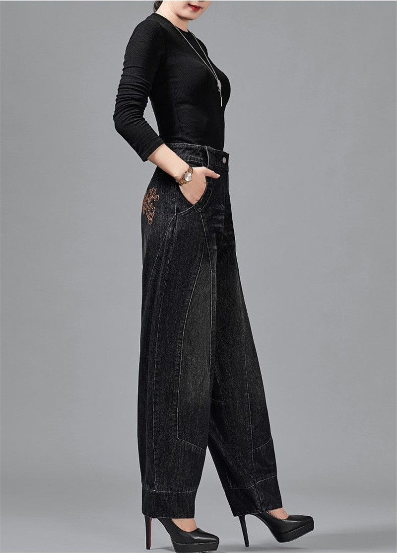Autumn Winter High Waisted Women Jeans Casual Loose Embroidery Bloomers Trousers Female Fashion Wide Leg Denim Pants Blue