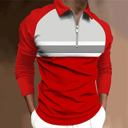 Spring and Autumn Men's Long Sleeve Zipper Polo Shirt Fashion Stripe Design Comfortable Polyester Fiber