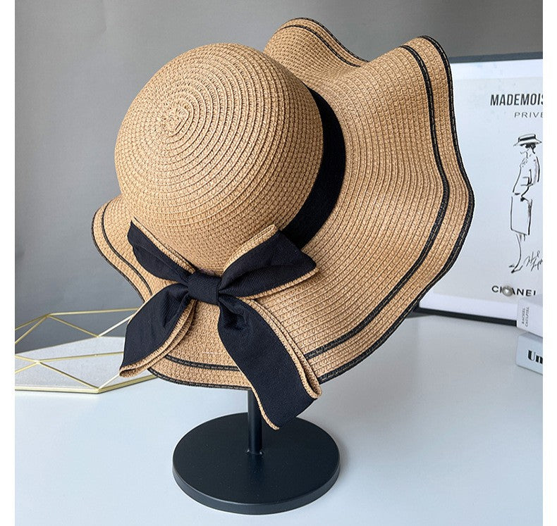 Beach HatJapanese Everything Hairy Edge Straw Hat Female Summer dome  Top Outing Sun Hat Small Fresh Bow Sun Shade Beach Hat
