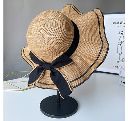 Beach HatJapanese Everything Hairy Edge Straw Hat Female Summer dome  Top Outing Sun Hat Small Fresh Bow Sun Shade Beach Hat