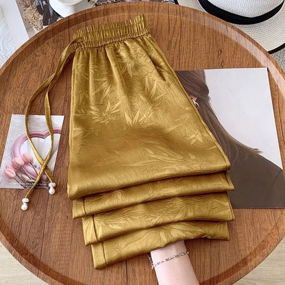 Plus Size Acetate Wide Leg Pants Women's Spring Autumn National Style Print High Waist Slimming Drapey Cool Large Size Women'...