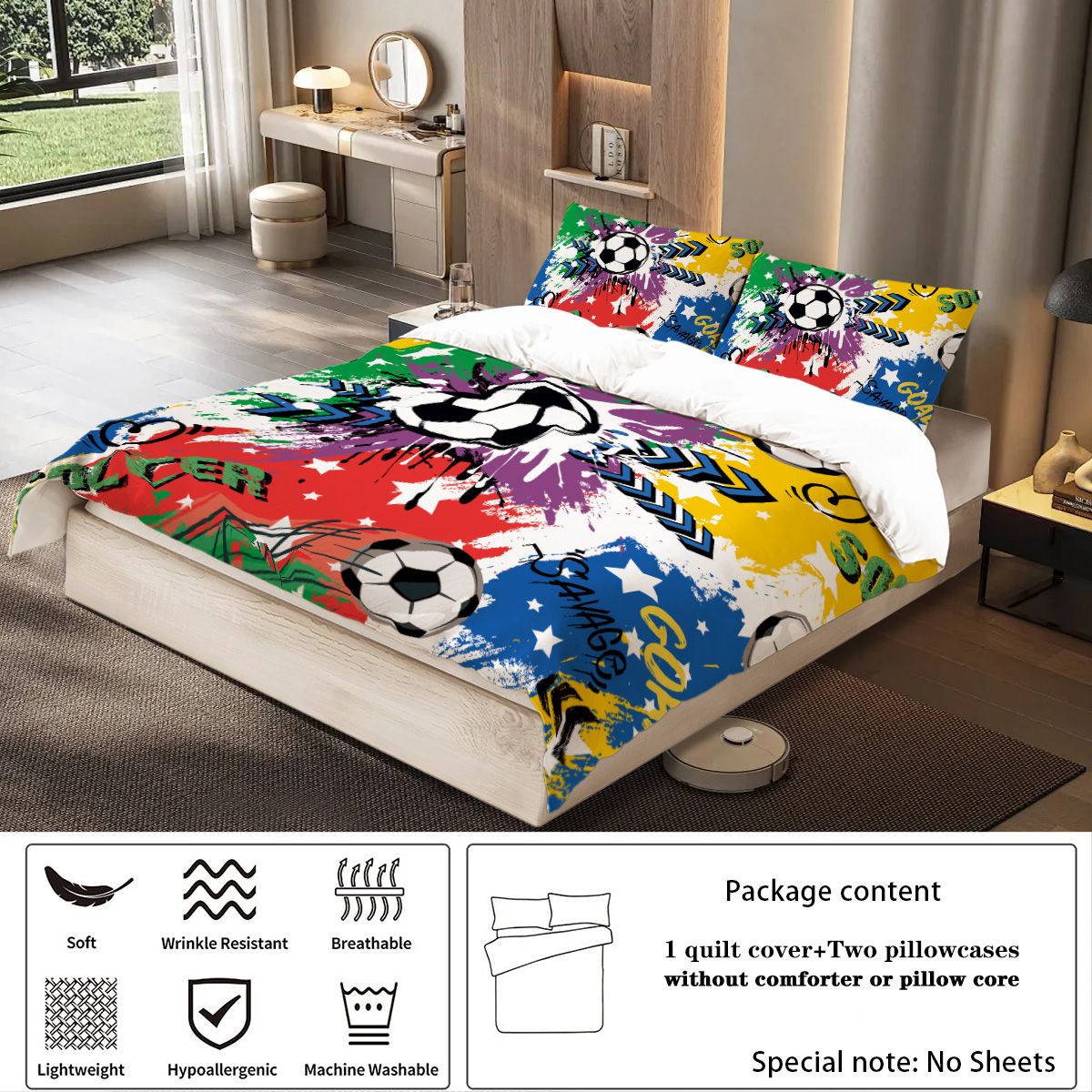3-piece set, colorful football pattern printed duvet set, queen, king, double bed, party  funny and creative bedding set