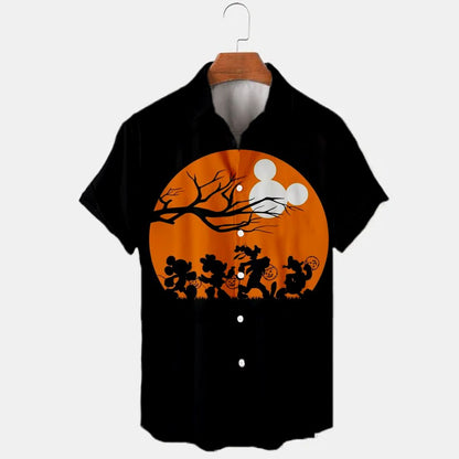 2024 New Halloween Collection Disney Branded Stitch And Mickey Anime 3D Printed Men's Lapel Short Sleeve Slim Fit Hawaiian Shirt