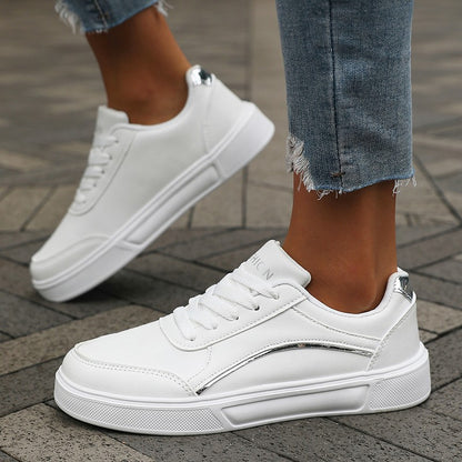 Women's Casual White Sneakers Chic Silver Trim Soft Lining Non Slip Shoes New Minimalist Design PU Leathe Skate Shoes for Women