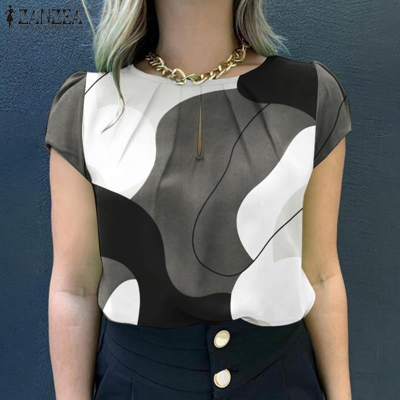 ZANZEA Women Summer Blouse Bohemain Holiday Shirt Fashion Short Sleeve Printed Tops Tunic Female Elegant Work Party Blusas Mujer
