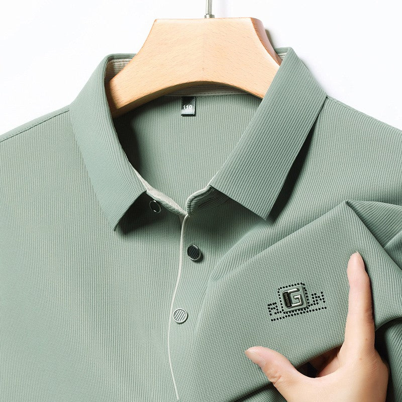 New Men's Business Casual Long Sleeved Shirt with Badge Solid Color Polo Shirt Fashionable Breathable Comfortable Versatile Top