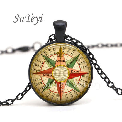 Colar de Pingente de Bússola Steampunk com Cabochão de Vidro Redondo Vintage para Homens e Mulheres